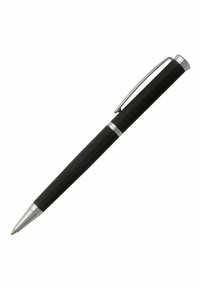 Black metal ballpoint pen with a textured grip, chrome accents, and a polished clip, tapering to a fine point.