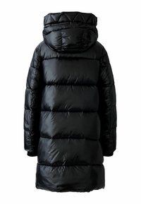 Zwarte pufferjas met een capuchon, met een gestikte ontwerp, glanzende afwerking en elastische manchetten. Middelste dij lengte met een boxy vorm.