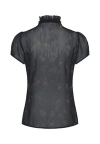 Blouse noire transparente à manches courtes, col montant à volants et motif floral subtil, vue de dos.