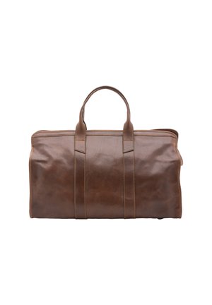 Borsa duffel in pelle marrone con due manici, texture liscia, cuciture visibili e chiusura con zip. Presenta una forma rettangolare.