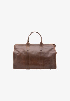 Sac de voyage en cuir marron avec deux poignées, texture lisse, couture visible et fermeture éclair. Présente une forme rectangulaire.