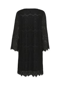 Garb Garment in pizzo nero con una vestibilità comoda, maniche a tre quarti e orlo ondulato. Presenta intricati motivi floreali e geometrici su tutta la superficie.