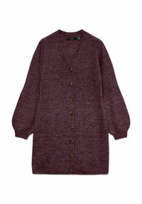 Strik cardigan i dyb lilla med V-hals, seks brune knapper ned foran og ballonsleeves for en afslappet pasform.