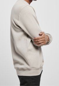 Light beige sweatshirt with a round neckline, long sleeves, ribbed cuffs, and hem. Features a soft texture and a relaxed fit.