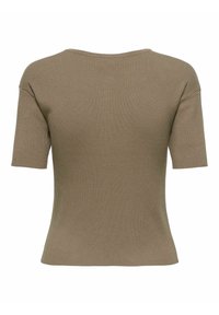 Top à manches courtes en maille côtelée couleur vert olive, vu de dos, avec un col rond et une silhouette ajustée.