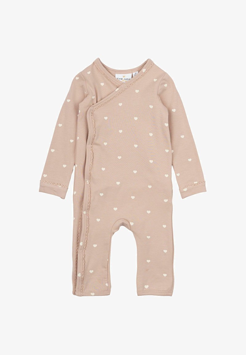 Bodysuits za dojenčke z dolgimi rokavi iz mehke bež tkanine z belimi vzorci srčkov, z oblogo, gumbi na pritisek in nežnim čipkastim robom.