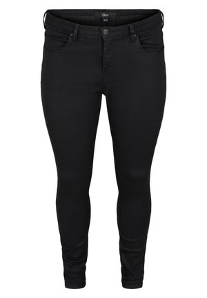 Zwarte denim skinny jeans met een middenhoogte taille, vijf zakken en een gladde textuur; ontworpen voor een aansluitende pasvorm.