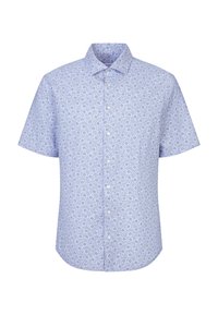 Chemise bleu clair à manches courtes avec boutons et petit motif floral circulaire blanc et bleu foncé.
