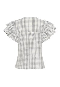 Blouse à manches courtes à carreaux blancs et gris avec des manches à volants superposés et une taille ajustée, vue de dos.