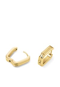 Cierre de metal color dorado con un diseño cuadrado, que presenta texturas lisas y acanaladas. Incluye una bisagra para un cierre seguro.