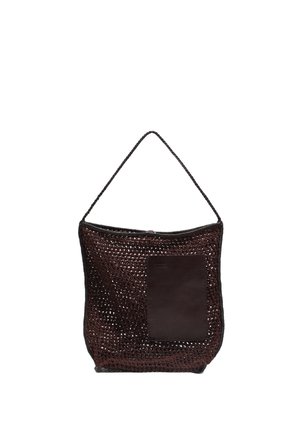 Borsa intrecciata marrone con un design a rete testurizzata e una tasca in pelle scura solida. Presenta una sola tracolla e una parte superiore aperta per un facile accesso.