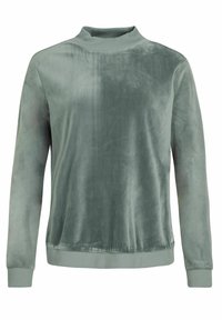 Fluwelen groene sweatshirt met een hoge halslijn, lange mouwen, ribgebreide manchetten en zoom, met een zachte textuur en een gladde afwerking.