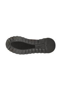 Black rubber shoe sole with ridged patterns, textured surface, and a circular accent at the heel. Flat design for practicality.