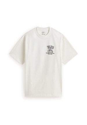 T-shirt blanc Vans à manches courtes avec petit logo noir et texte « REPAIRED 'LIKE NEW' CASH ONLY » sur le côté gauche de la poitrine.