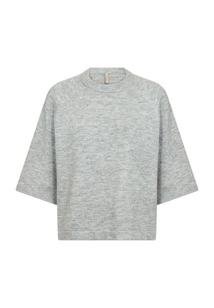 Gray oversized sweatshirt with a round neckline and short raglan sleeves, featuring a soft, textured fabric and a straight hem.