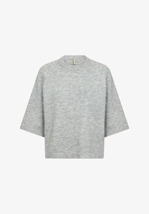 Grå oversized sweatshirt med rund halsudskæring og korte raglanærmer, der har et blødt, struktureret stof og en lige kant.