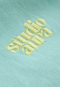 Minta zaļa auduma virsma ir rotāta ar izceltu dzelteno izšuvumu, kas spēlējošā, slīpais rakstā veido vārdu "studio aura", kam ir gluda tekstūra.