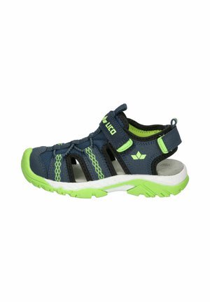 Navy and lime green children's outdoor sandal with closed toe, adjustable straps, breathable mesh, and rugged sole.