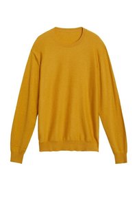 Hořčicově žlutý svetr z pletené látky, s kulatým výstřihem a dlouhými rukávy s žebrovanými manžetami a lemem. Jednoduchý strukturovaný design.