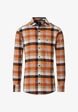 Koszula z długim rękawem w kratę z pomarańczowymi, szarymi, białymi i czarnymi kwadratami. Wykonana z miękkiego materiału, z kołnierzykiem zapinanym na guziki i kieszenią.