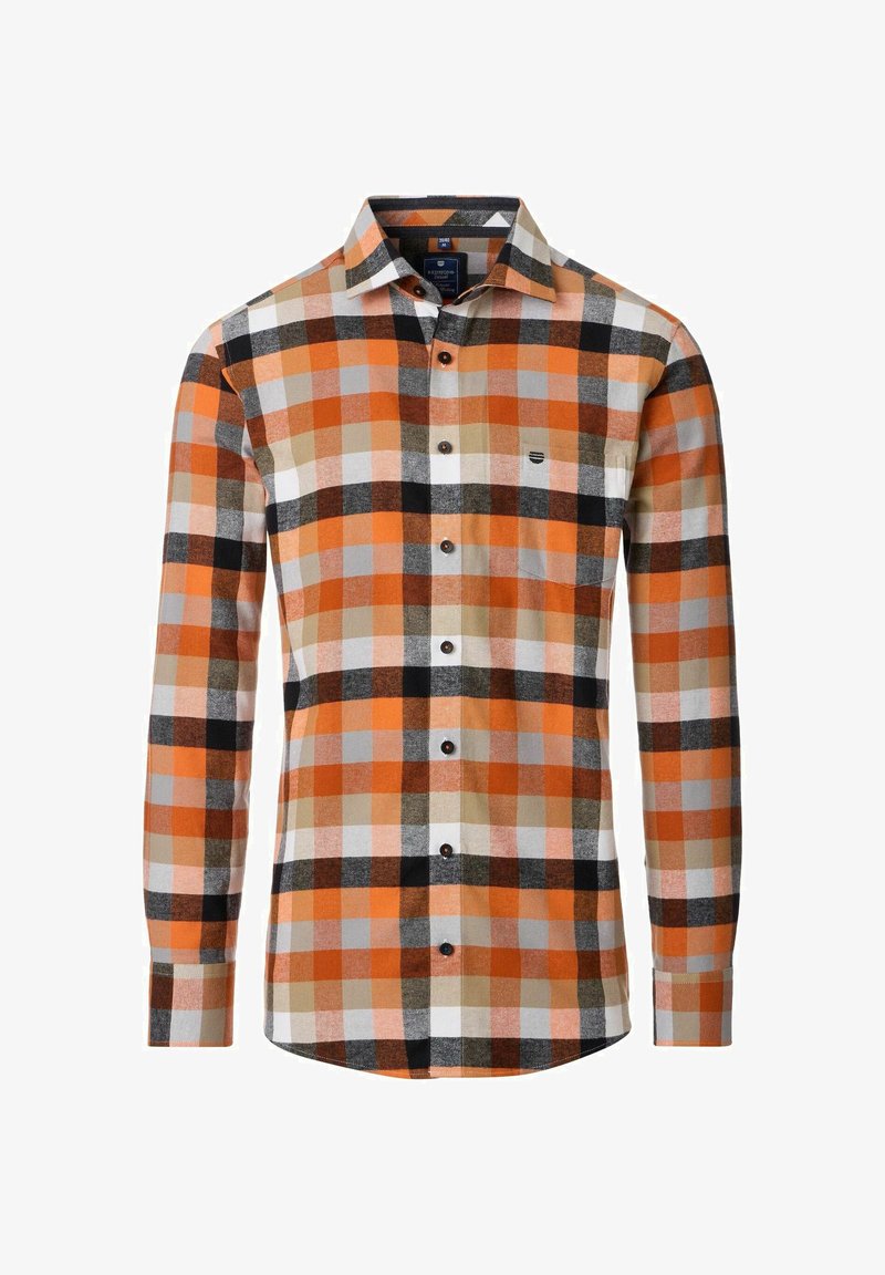 Langærmet skjorte i et ternet mønster med orange, grå, hvide og sorte firkanter. Fremstillet af blødt stof, med krave der lukkes med knapper og en lomme.