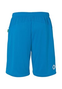 Blaue Sportshorts mit einem atmungsaktiven, strukturierten Bund, Logo unten rechts und einer lockeren Passform für Komfort und Bewegungsfreiheit.