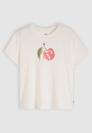 T-shirt blanc à manches courtes avec encolure ronde et cerise rouge imprimée avec une feuille verte au centre devant.