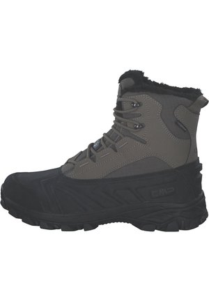 Stivale impermeabile alla caviglia con una combinazione di tomaia sintetica grigio scuro e suola in gomma nera, caratterizzato da motivi testurizzati e lacci a contrasto.