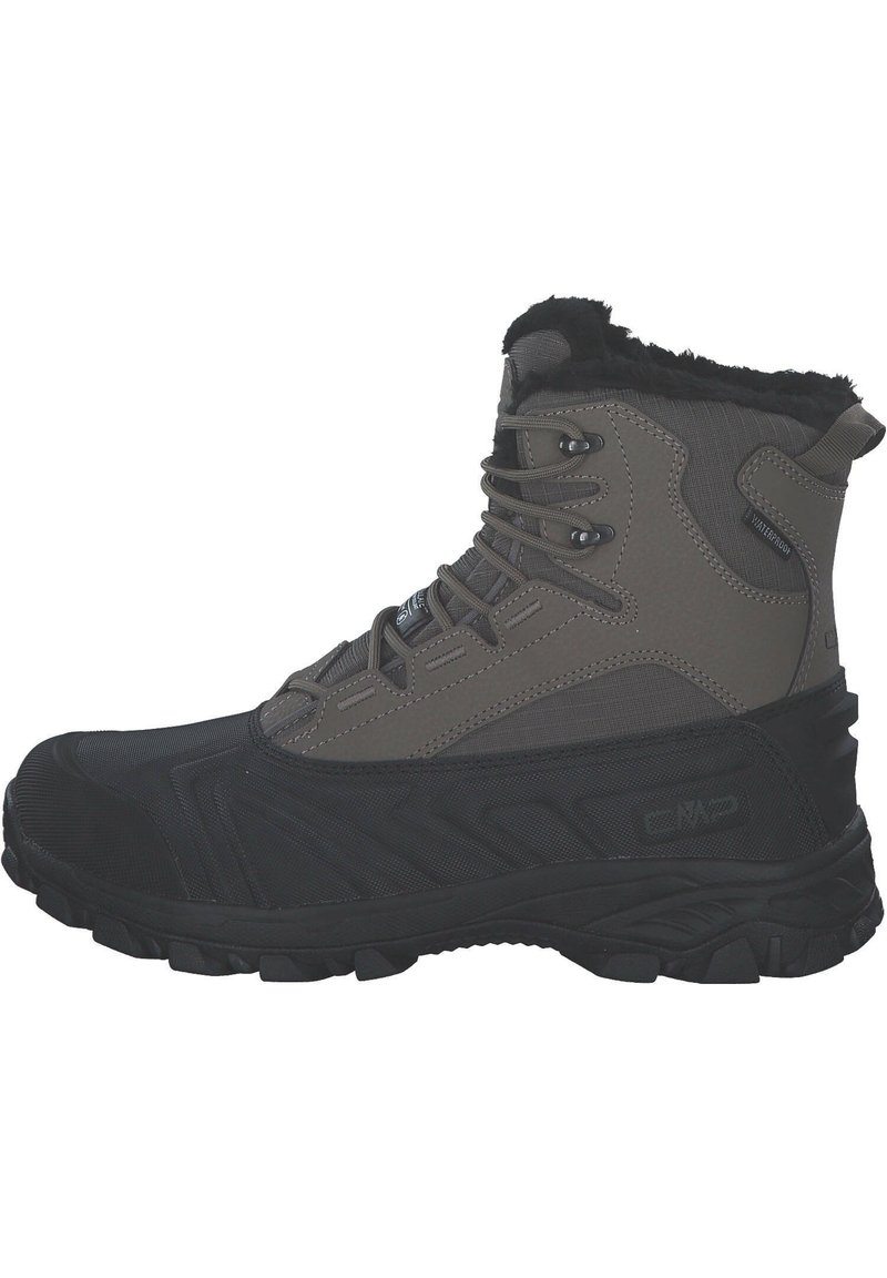 Wasserdichter Knöchelstiefel mit einer Kombination aus dunkelgrauem synthetischen Obermaterial und schwarzer Gummisohle, ausgestattet mit strukturierten Mustern und kontrastierenden Schnürsenkeln.