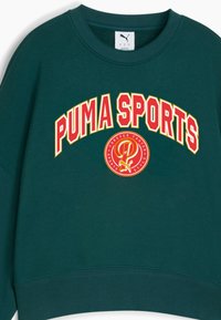 Zelená mikina s potlačou "PUMA SPORTS" v červenej a žltej oblúkovej �štruktúre, s cirkulárnym logom pod ňou. Mäkkejšia tkanina, rebrované manžety.