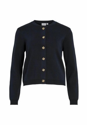 Cardigan lavorato a maglia blu navy con collo tondo, dotato di sei bottoni dorati sulla parte anteriore e polsini e orlo a coste.