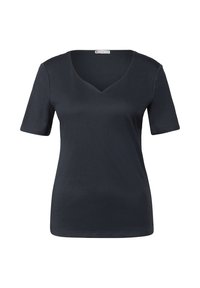 T-shirt à manches courtes bleu foncé avec un col en V, en tissu lisse. Design simple sans motifs ni accents visibles.