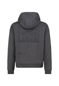 Grijze hoodie met een subtiele, textuurachtige graphic op de achterkant met de tekst "FUTURE LOVER", voorzien van geribde manchetten en zoom.