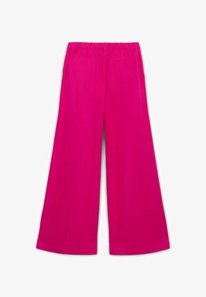 Pink wide-leg trousers with an elastic waistband, featuring two back pockets, smooth texture, and a tailored silhouette.