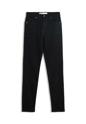 Zwarte denim jeans met een slim fit, voorzien van een vijf-pocket ontwerp, knoopsluiting en subtiele stiksels. Glad textuur en minimalistische stijl.