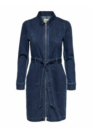 Dunkelblaues Jeanskleid mit langen Ärmeln, Frontreißverschluss, Kragen, zwei Vordertaschen und einem passenden Gürtel, der an der Taille gebunden ist.