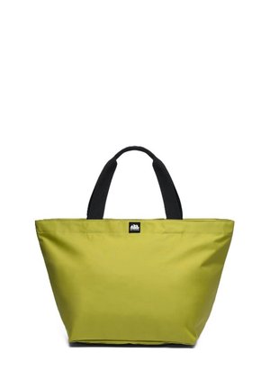 Borsa a mano verde oliva con manici neri e piccolo logo bianco al centro superiore.