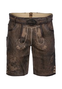 Braune Lederhosen mit dekorativer bestickung, einem Gürtel mit einer Metallschnalle und Knopfakzenten an den Beinen. Glatte Textur.