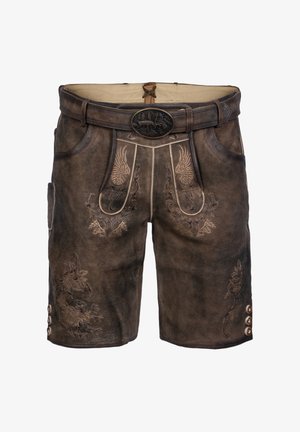 Braune Lederhosen mit dekorativer bestickung, einem Gürtel mit einer Metallschnalle und Knopfakzenten an den Beinen. Glatte Textur.