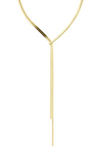 Gouden ketting met een flexibele Y-vormige ontwerp, met slanke metalen strengen die in twee hangende uiteinden uitlopen. Vloeiende oppervlakte textuur.