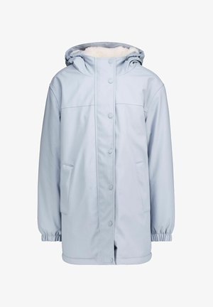 Lichtblauwe waterdichte jas met een met bont gevoerde capuchon, drukknopen, twee voorzakken en elastische manchetten voor een goede pasvorm.