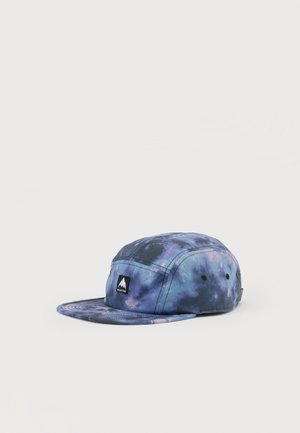 Five-panel blue and purple tie-dye cap with flat brim and black Burton logo patch on the front left side.