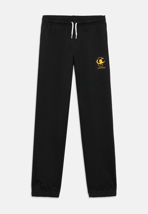 Svarte joggebukser med elastisk midjebånd og mansjetter, hvit snor og liten gul logo på øvre venstre lår.