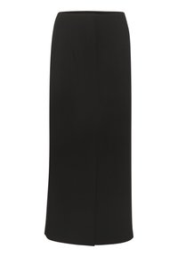 Jupe crayon noire à la silhouette droite, avec des plis discrets à la taille et une fente au dos pour faciliter le mouvement. Texture lisse.