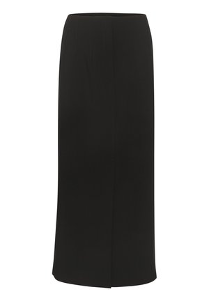 Melnā zīmuļu svārku ar taisnu siluetu, kuram ir smalki krokas jostas apvidū un aizmugurējā šķirba ērtai kustībai. Gluda tekstūra.