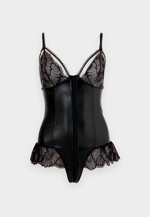 Μαύρο κορμάκι από συνθετικό δέρμα και δαντέλα με floral δαντελένια cups, ρυθμιζόμενους ιμάντες ώμων, φερμουάρ μπροστά και δαντελένιο τελείωμα στους γοφούς.