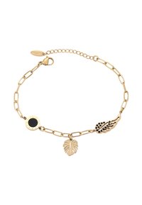 Bracciale in oro con tre ciondoli: cerchio nero e oro con numeri romani, foglia d'oro e ala d'oro con pois neri.