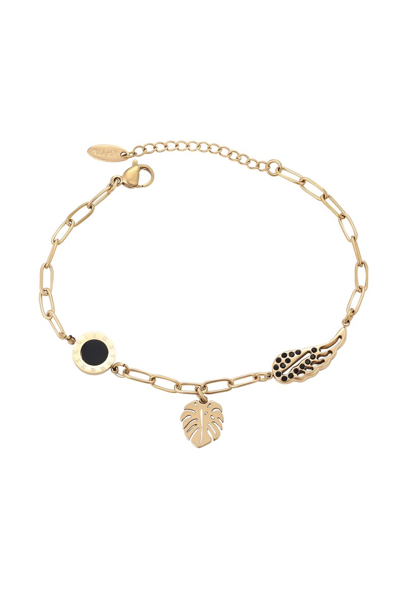 Bracciale in oro con tre ciondoli: cerchio nero e oro con numeri romani, foglia d'oro e ala d'oro con pois neri.