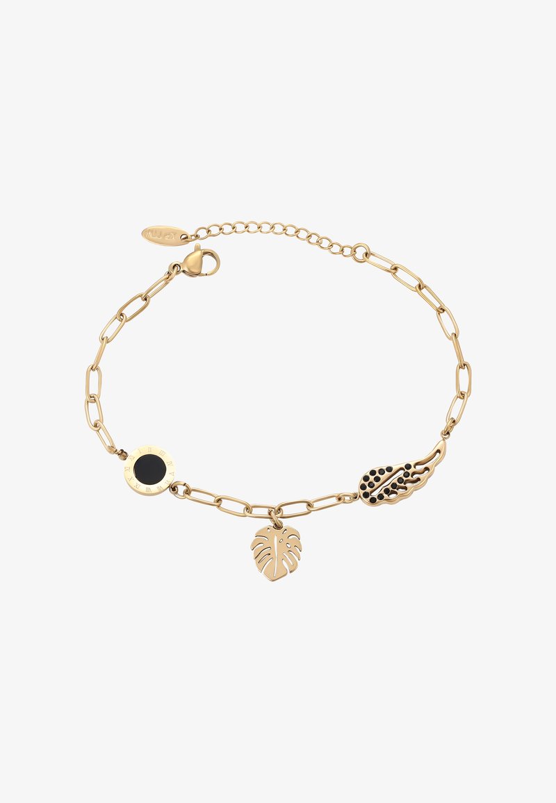 Arany lánckarkötő három medállal: fekete és arany kör római számokkal, arany levél és fekete pöttyös arany szárny.