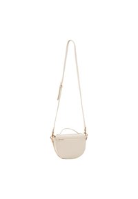 Borsa a tracolla bianca in pelle con una forma curvata, hardware dorato e una maniglia superiore. Superficie texturizzata con dettagli di motivo sottili.